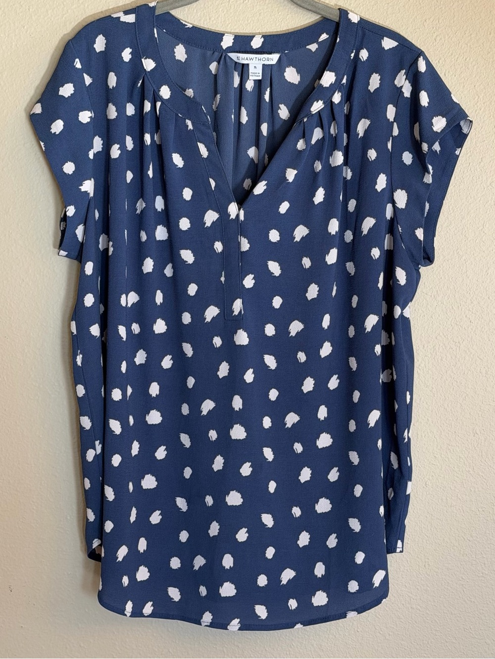 41 Hawthorn Navy and White Dot Split-Neck Cap Sleeve Blouse